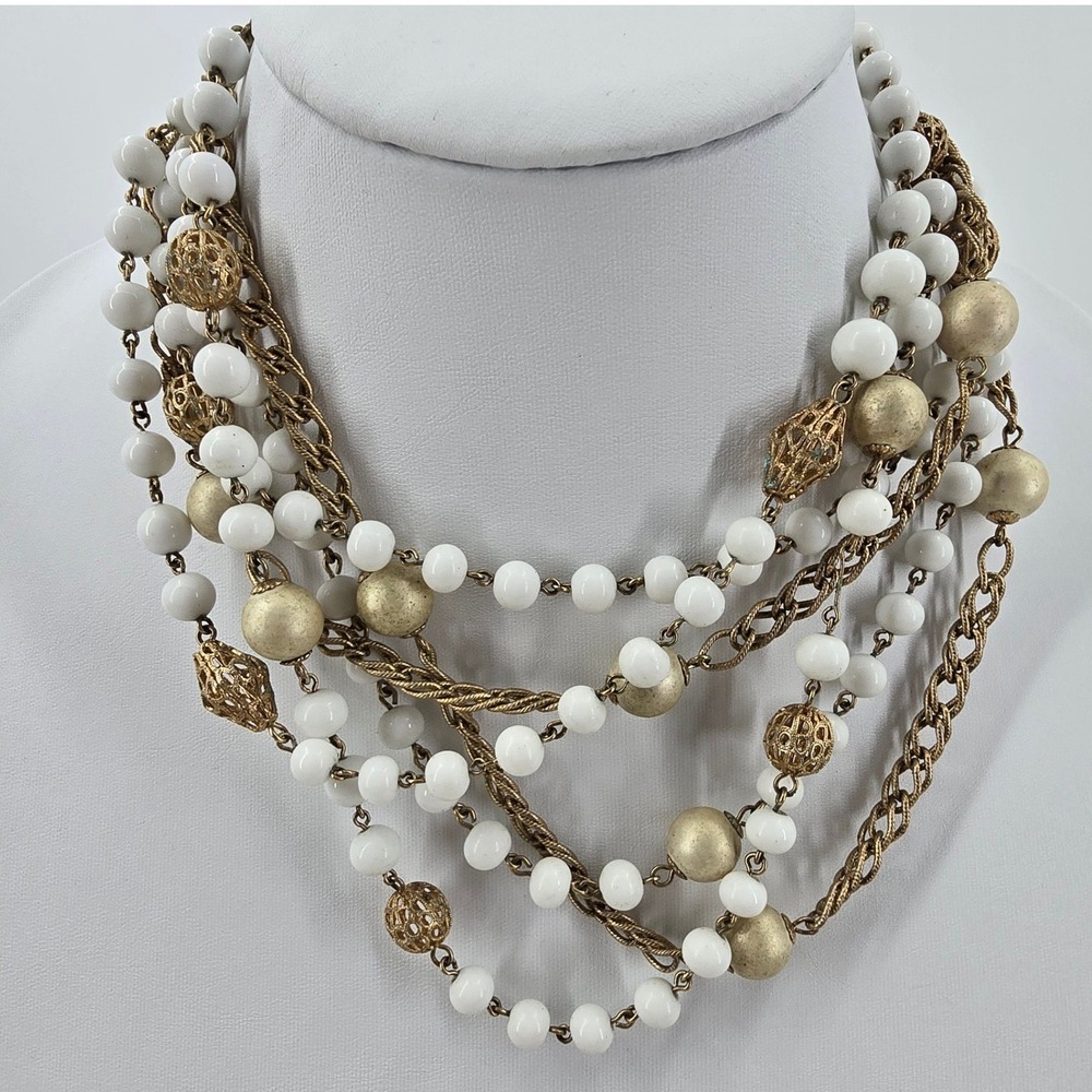 Kramer Vintage Multi-Strand White Milk Glass Filigree Ball Beaded Necklace